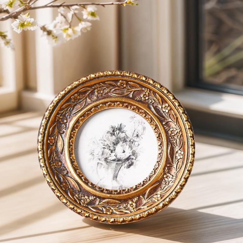 Rattan Mirror Round - Antique Bronze Gold Round Photo Frame