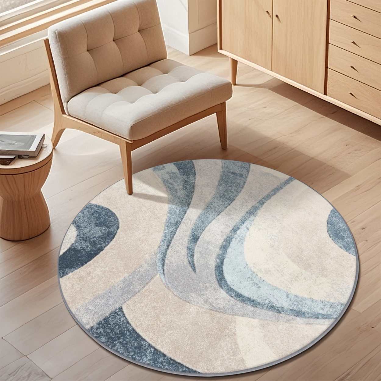 Printed Rug Abstract - Minimalist Blue Beige Curve Art Round