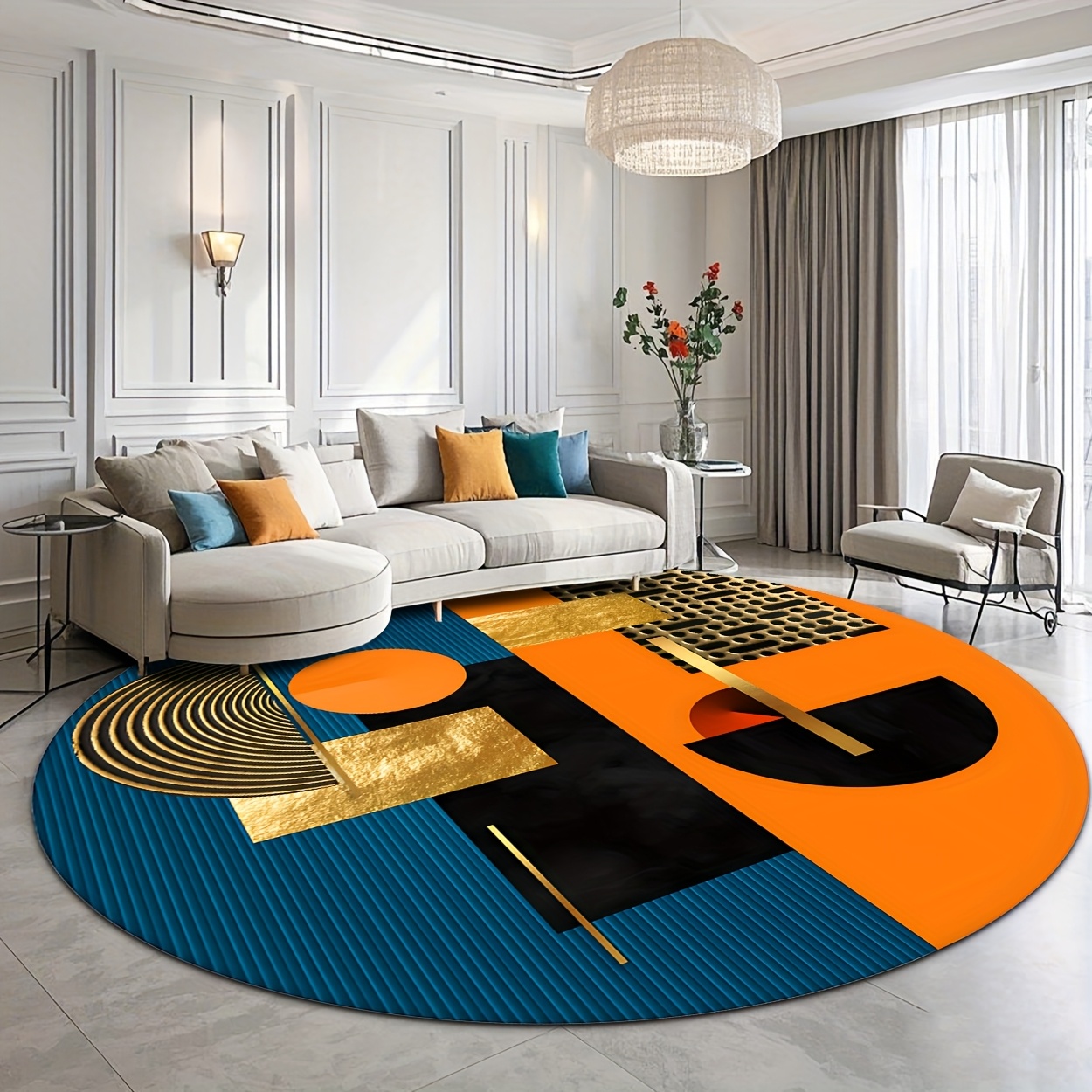 Printed Rug Abstract - Orange Blue Gold Abstract Geometric Luxury