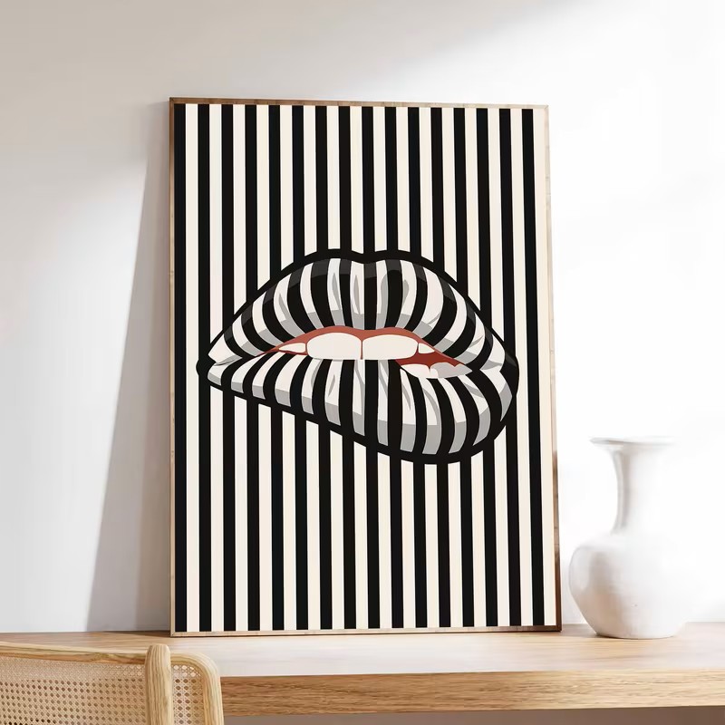 Interior Design Drawing - Simple and Abstract Striped Lip-shaped Canvas
