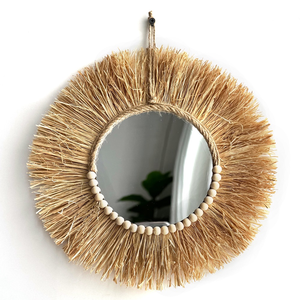Rattan Mirror Round - Handmade Boho Raffia Mirror Wall Hanging