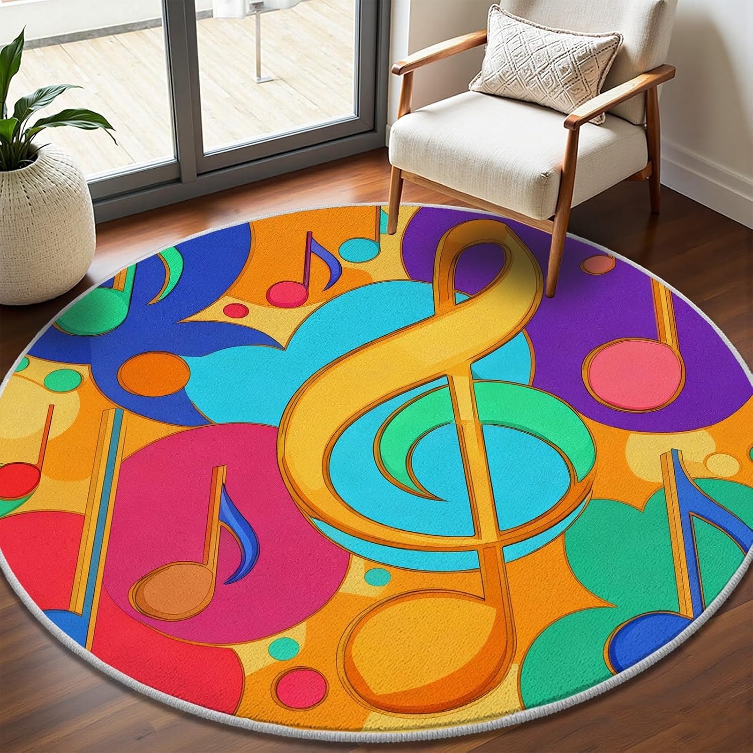 Printed Rug Abstract - Colorful Abstract Musical Notes Pattern Round