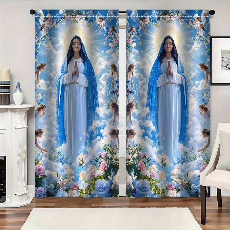 Interior Design Of Cafe - Virgin Mary Curtains Religious Art Heavenly