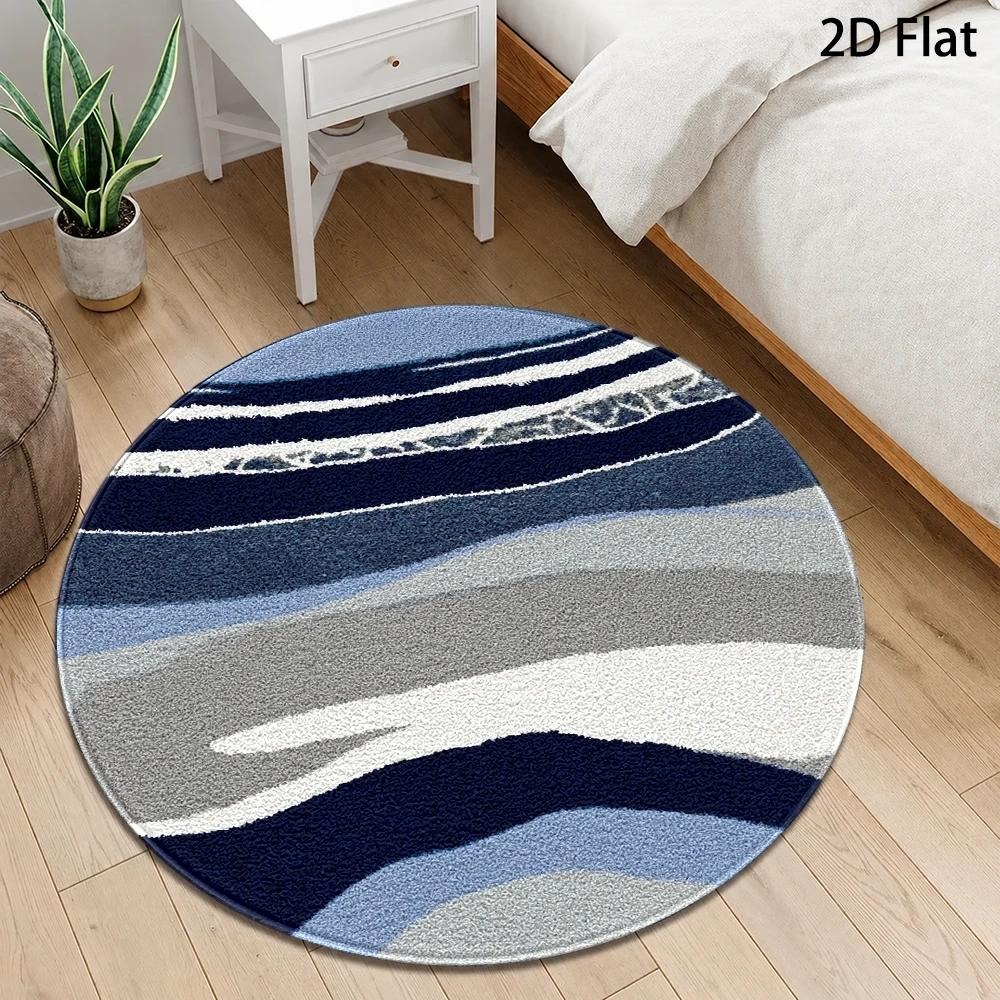 Printed Rug Abstract - Minimalist Abstract Wave Round Rug,Cool‑Tone Blue