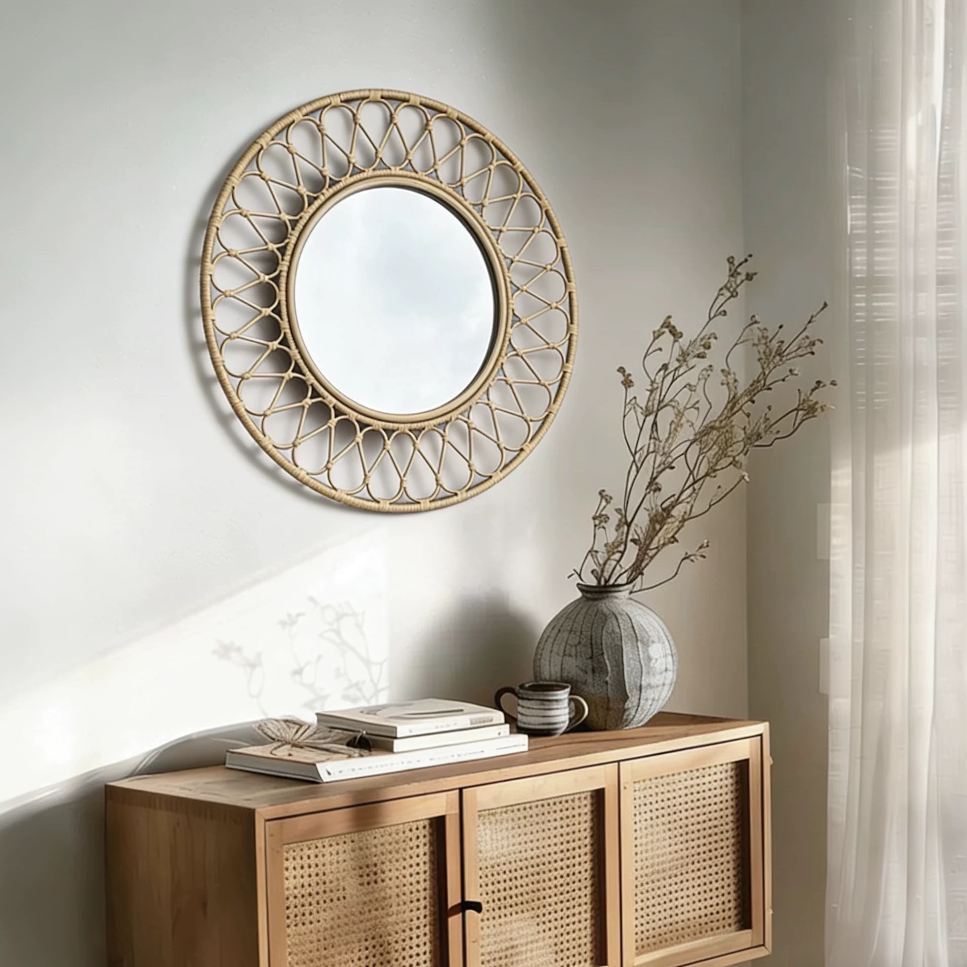 Round Rattan Wall Mirror, Natu - огляд і ціна Rattan Mirror Round