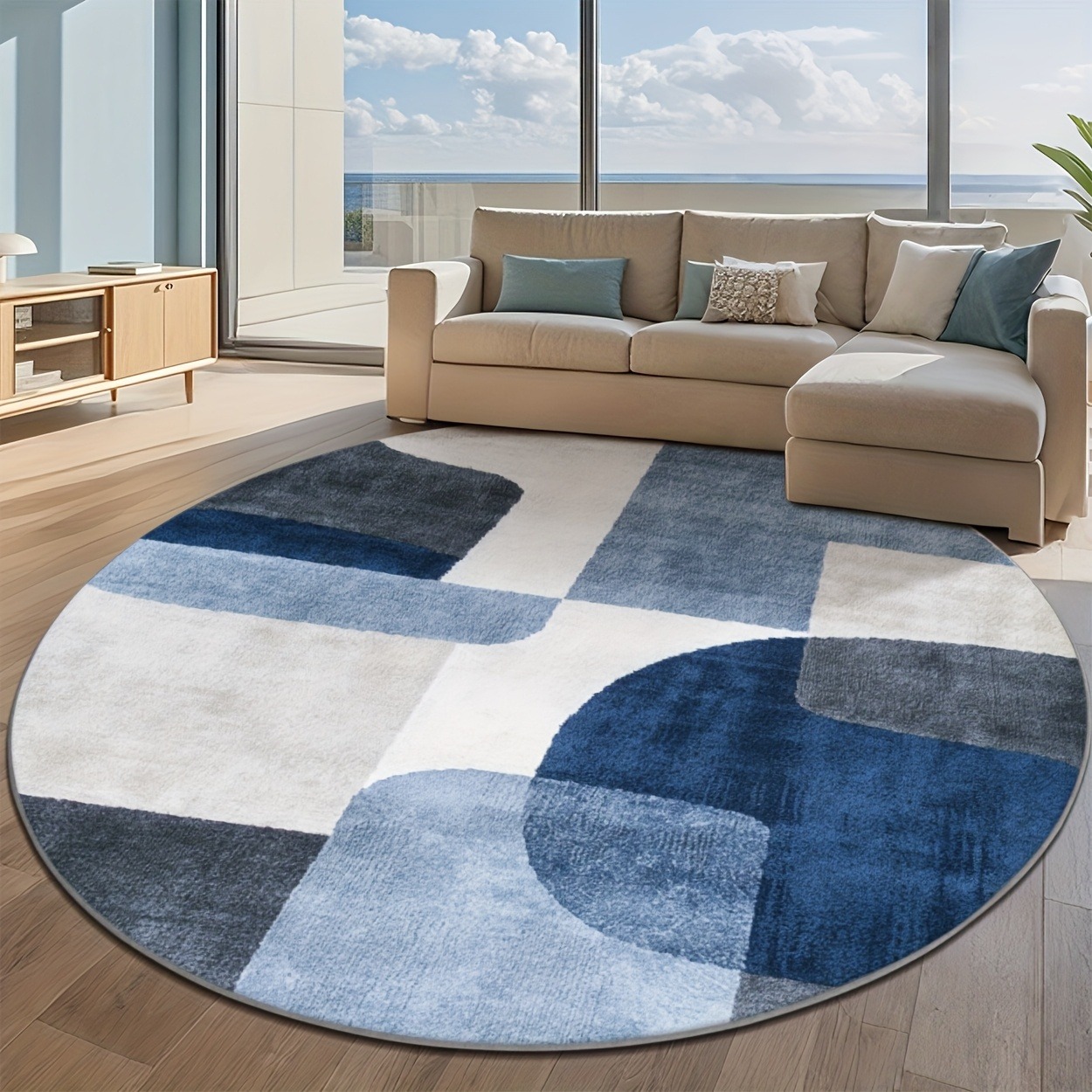 Minimalist Blue Beige Curve Ar - огляд і ціна Printed Rug Abstract